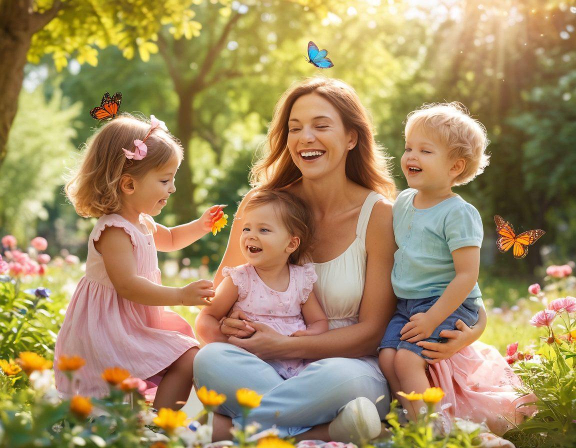 A joyful mother laughing with her children in a sunlit park, surrounded by blooming flowers and playful butterflies. The scene captures the warmth of family bond, with the mother embracing her kids while they play with colorful toys. Include soft pastel colors to evoke a sense of happiness and serenity. super-realistic. vibrant colors.