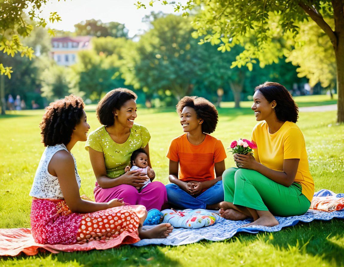 An inviting scene of diverse mothers sitting in a sunlit park, engaged in joyful conversation with their children playing nearby. The image features a mix of smiling faces, colorful outfits, and elements of nature, such as blooming flowers and green grass, symbolizing growth and support. A warm atmosphere radiates connection and community. soft-focus. vibrant colors. 3D.