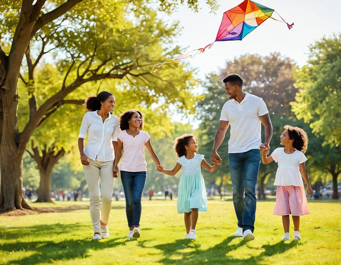 A heartwarming scene depicting a diverse family engaging in playful activities together in a sunlit park, showcasing affection and connection. The parents are helping the children with a fun craft, laughter fills the air as colorful kites fly overhead. Soft pastel tones create an inviting atmosphere, with blooming flowers around them, symbolizing growth and happiness. The image should radiate warmth and love, perfect for illustrating positive parenting. vibrant colors. soft focus.